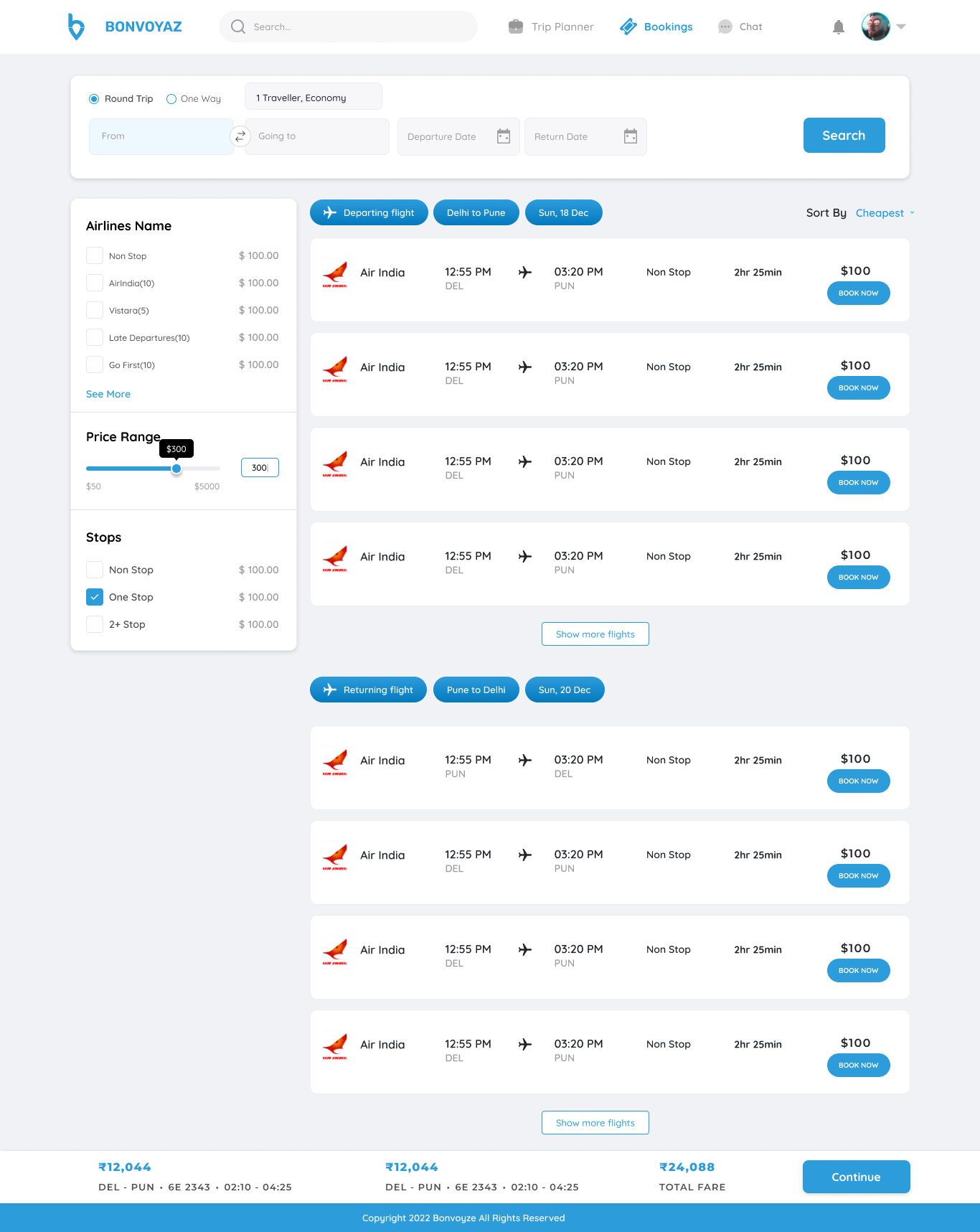 Flight search and booking functionality