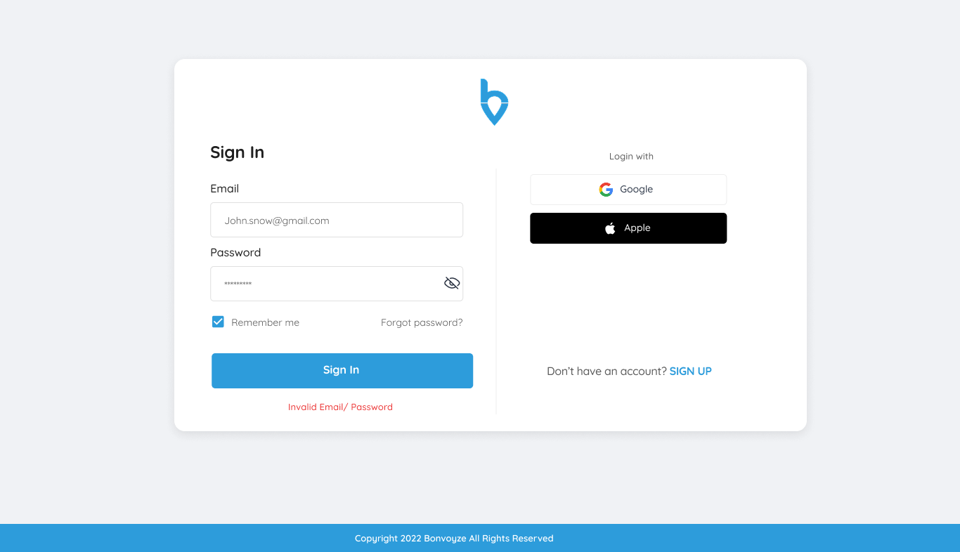 BonVoyaz sign-in interface with user authentication