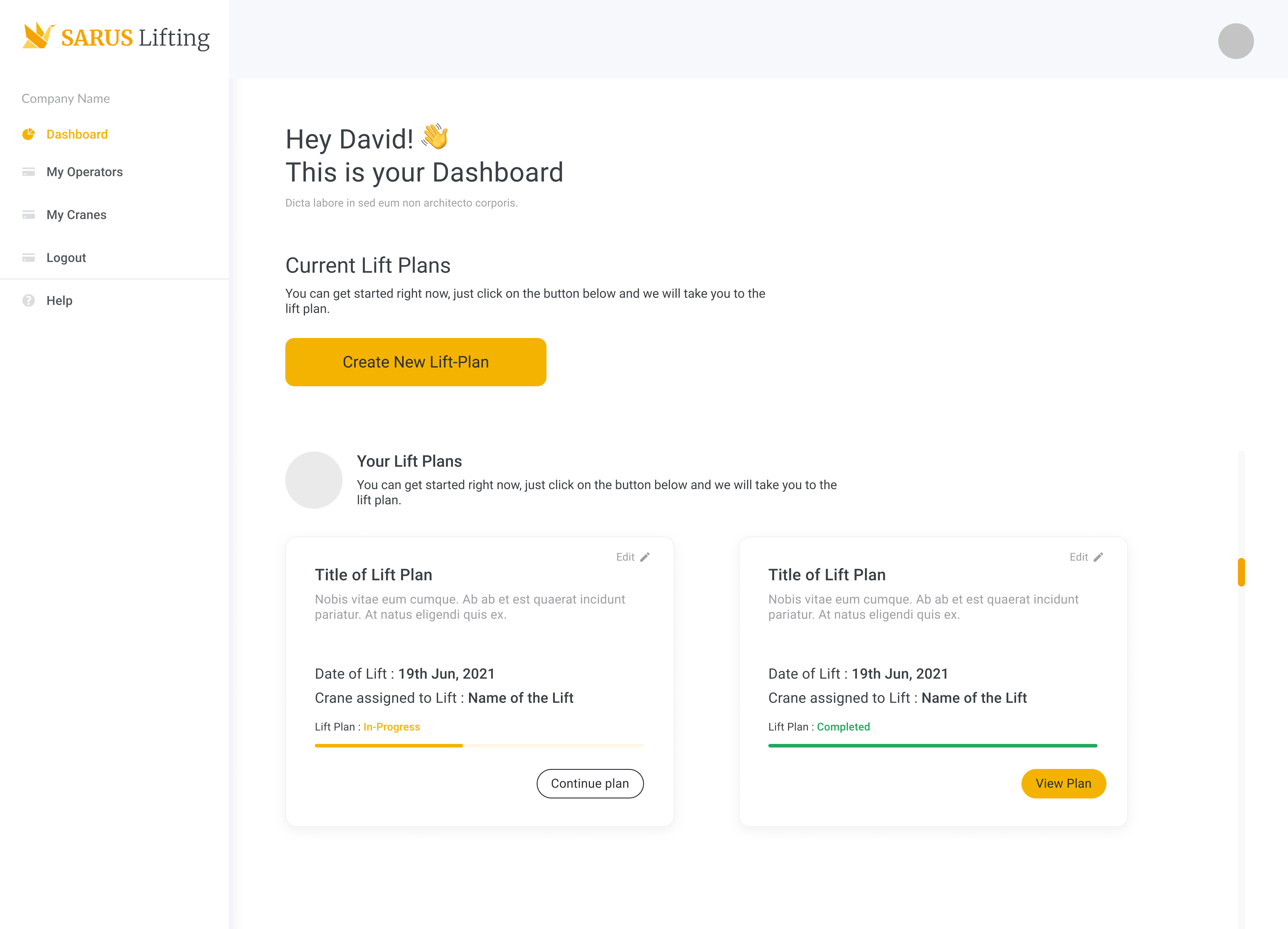 Lift-Pro main dashboard for crane planning and operations