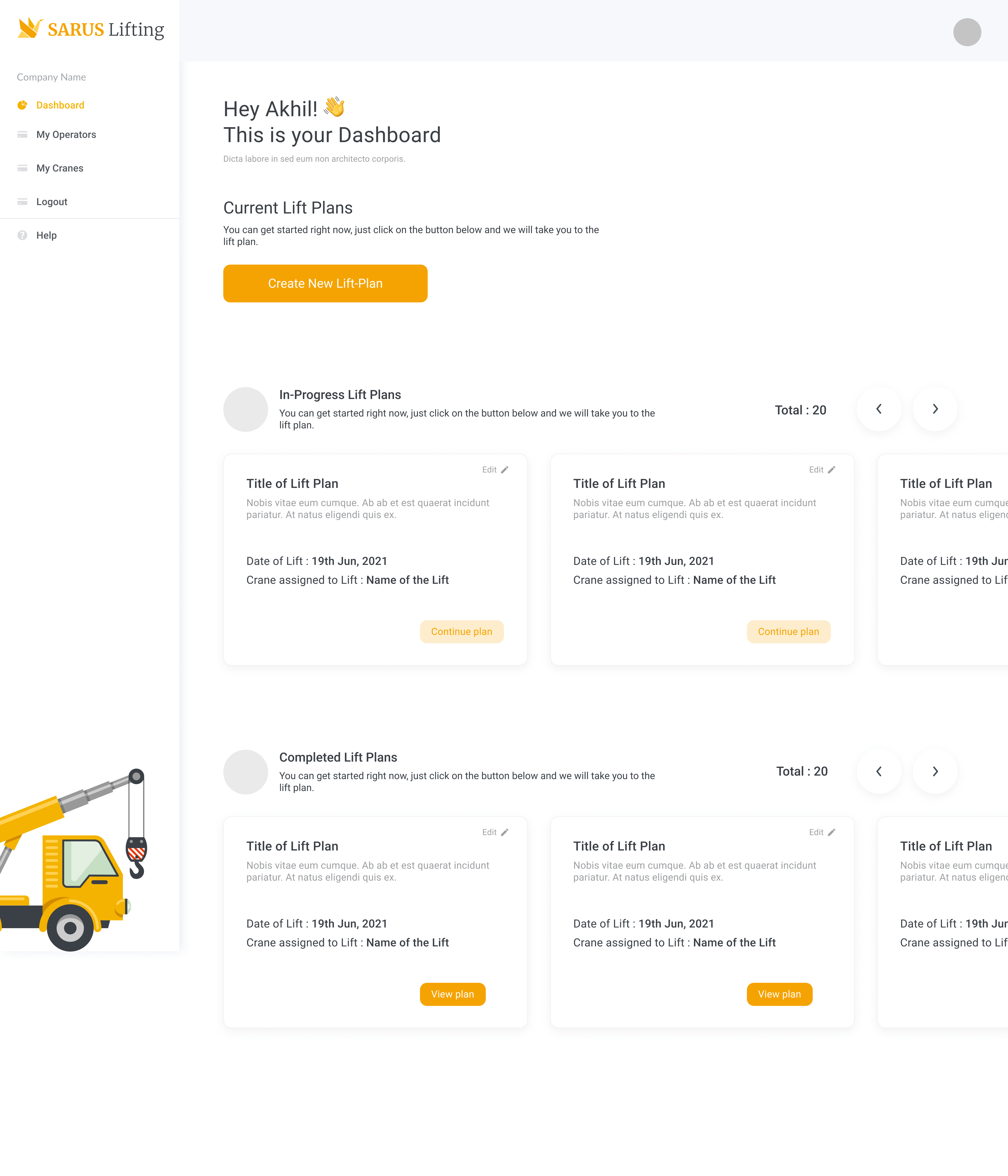 Enhanced dashboard with improved crane planning interface