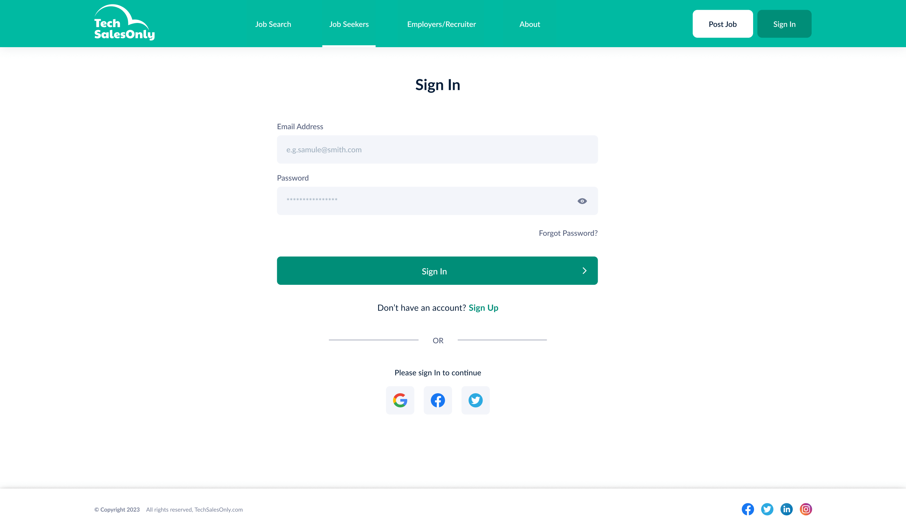 TechSales sign-in interface for job seekers and recruiters